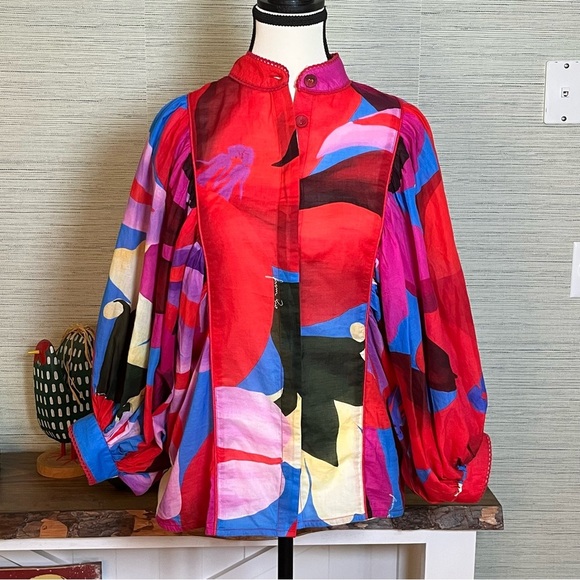 Farm Rio Watercolor Floral 3/4 Balloon Sleeve Blouse Button-Down Top Size Small - Picture 5 of 13